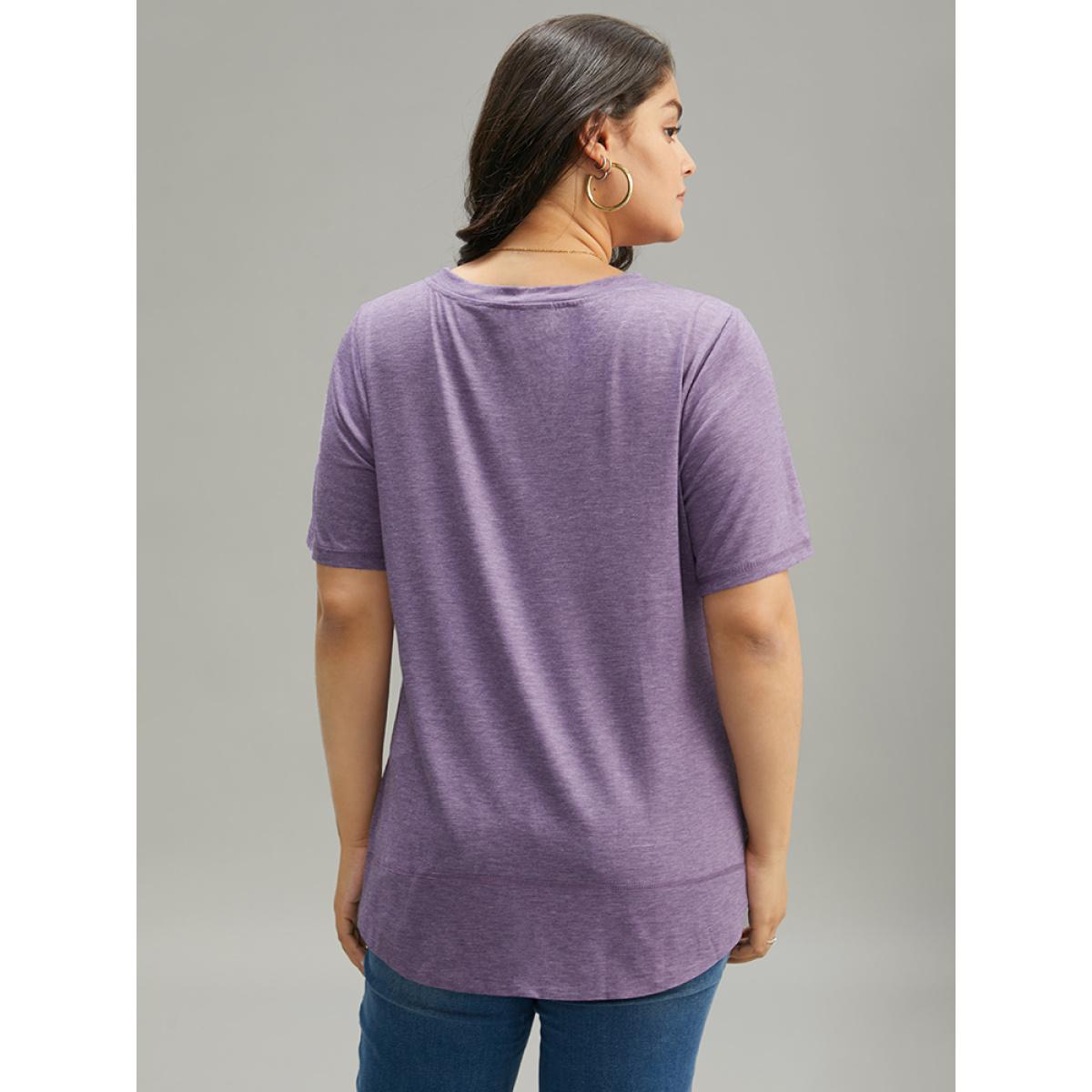 Plus Size Contrast Stitch Round Neck Curved Hem T-shirt Purple Women Casual Plain Plain Round Neck Dailywear T-shirts BloomChic 28/5X Product Image