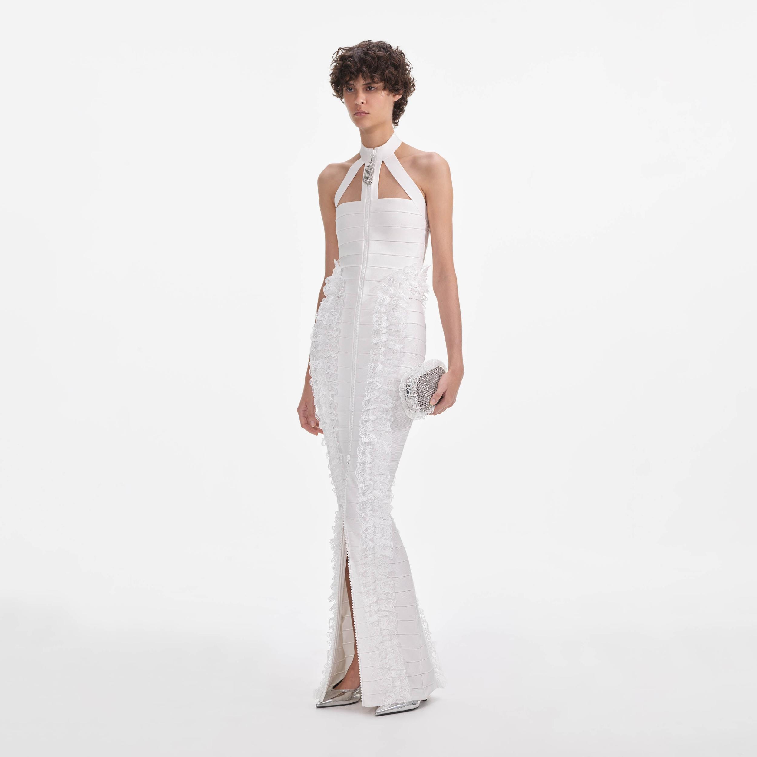White Knit Zip Ruffle Maxi Dress Product Image
