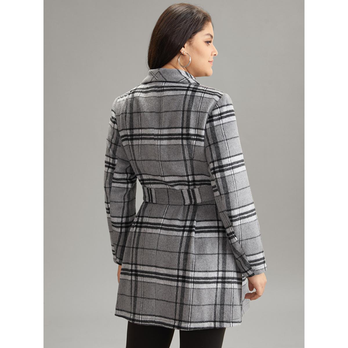 Plus Size Plaid Button Up Pocket Belted Lapel Collar Coat Women Black Casual Lined Ladies Dailywear Winter Coats BloomChic 12/L Product Image