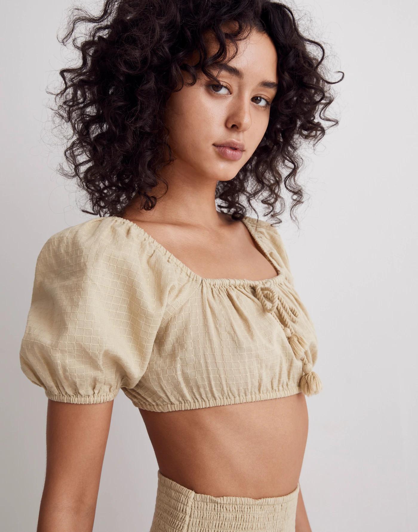 Dobby Tie-Front Puff-Sleeve Supercropped Top Product Image