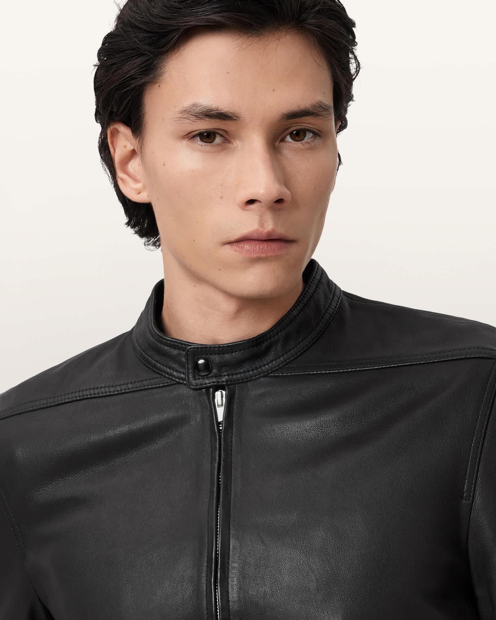 Holt Slim Fit Leather Jacket Black | ALLSAINTS US Product Image