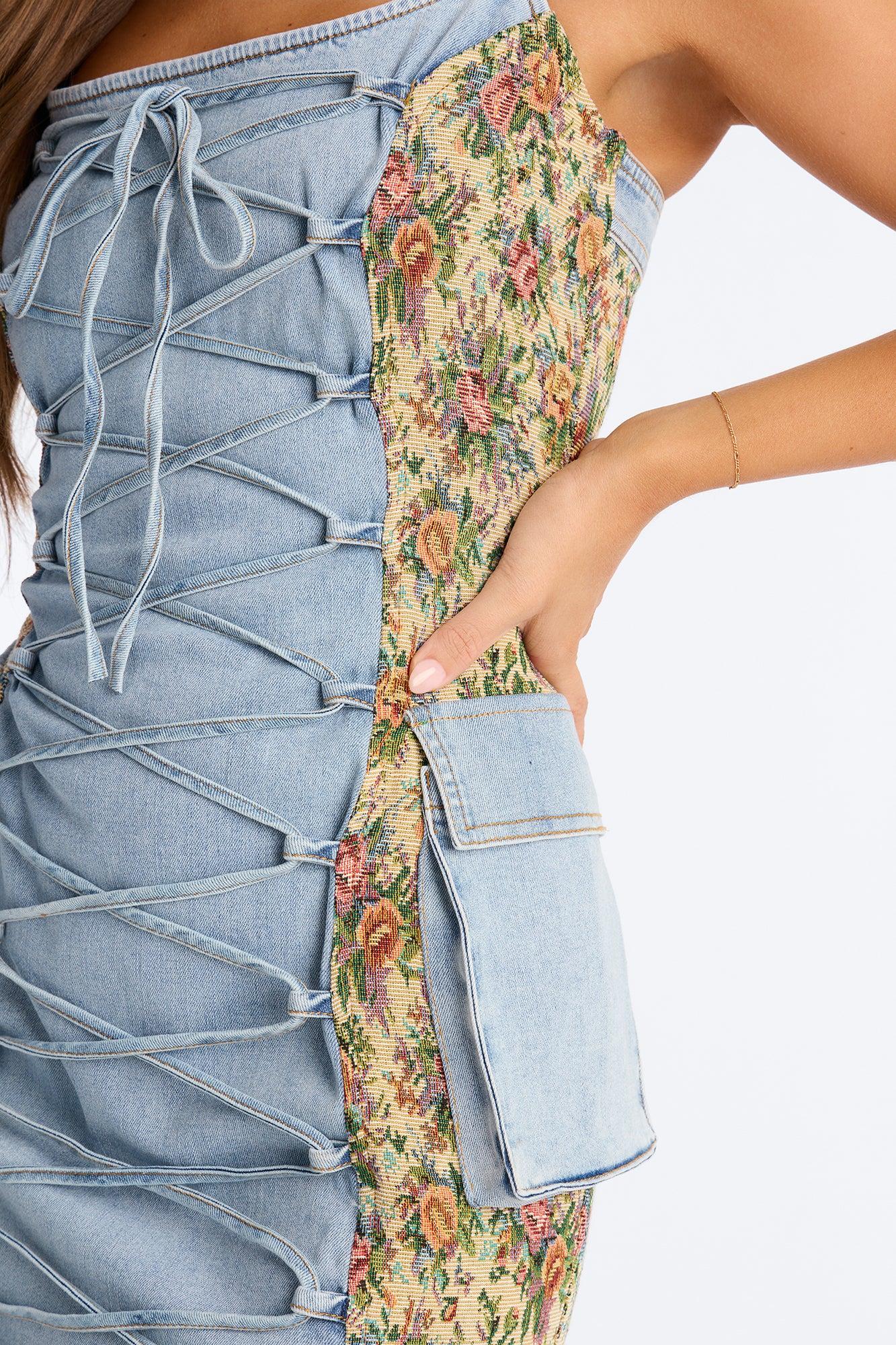 Belle Floral Stretch Denim Mini Dress - Denim Female Product Image