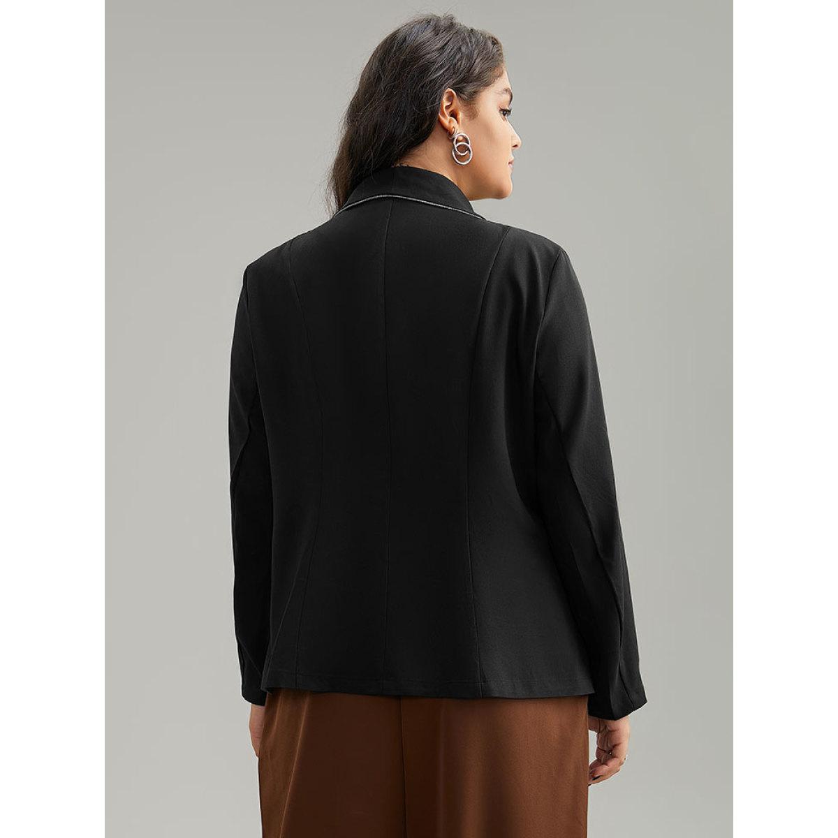 Plus Size Twill Patchwork Contrast Trim Button Up Blazer Black Women Office Plain Contrast Sleeve Long Sleeve Suit Collar 14-16/1X Office Blazers BloomChic Product Image
