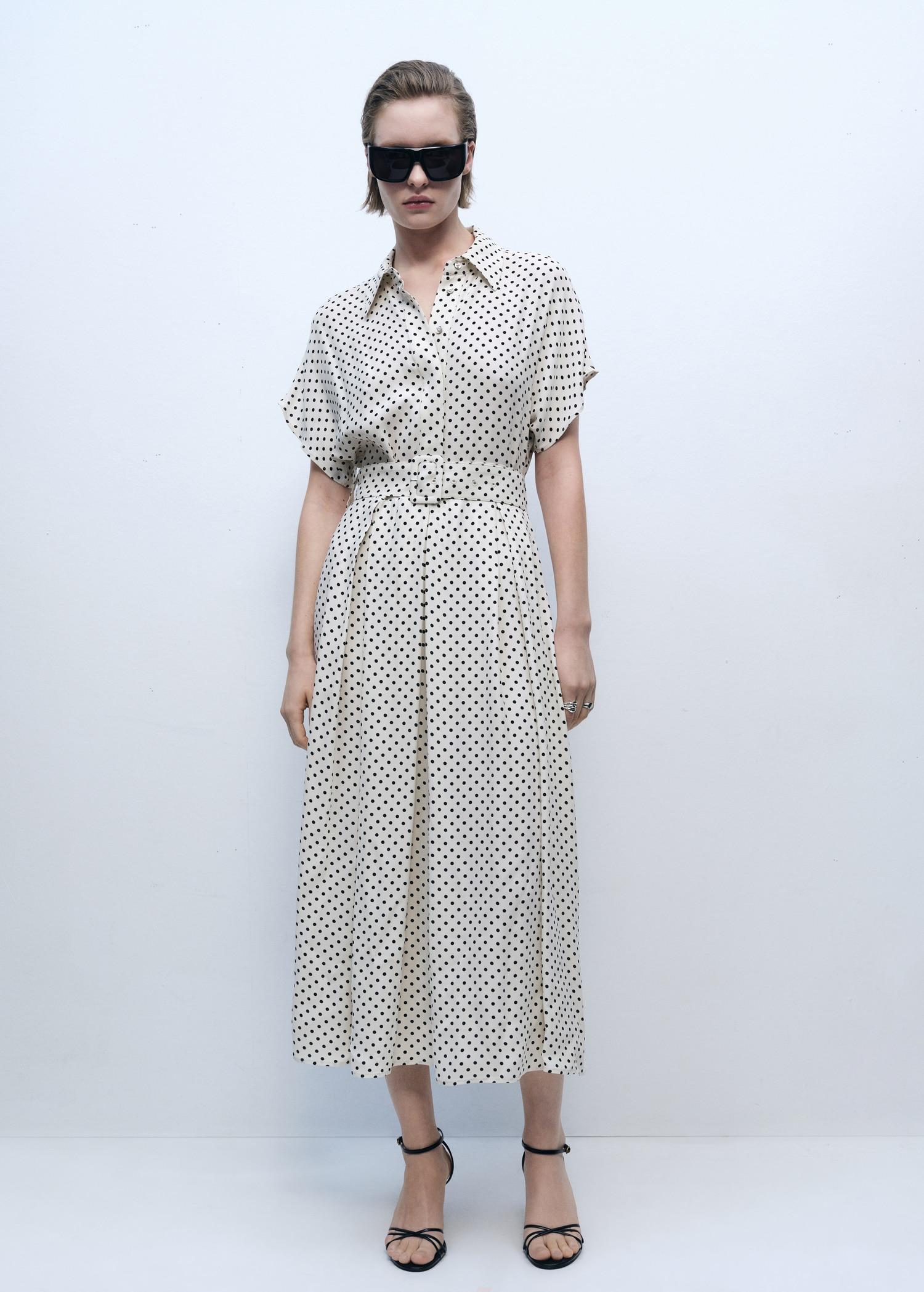 Polka-dot dress with belt - Women | MANGO USA Product Image