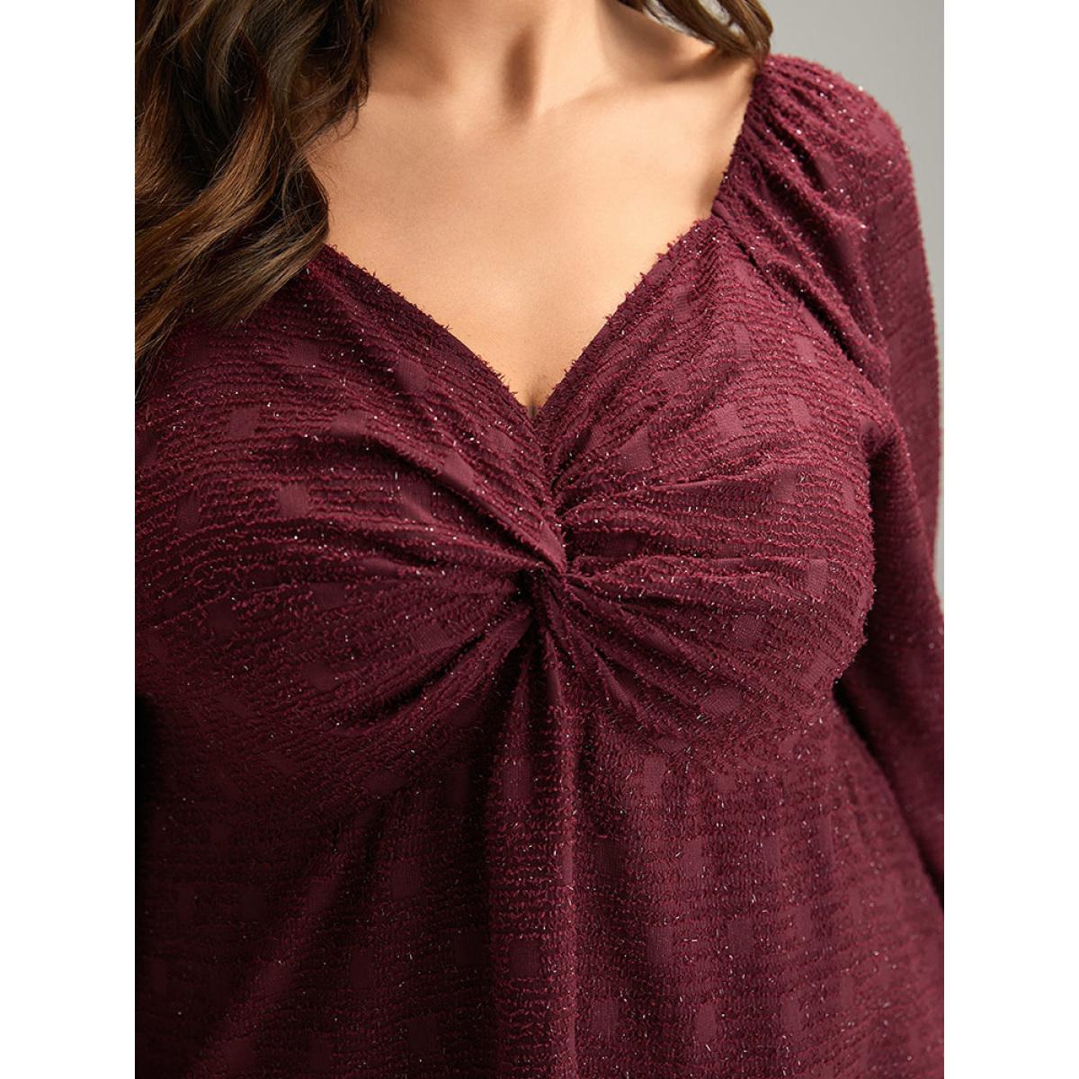 Plus Size Scarlet Solid Glitter Twist Front Gathered Blouse Women Cocktail Long Sleeve V-neck Party Blouses BloomChic 30/6X Product Image