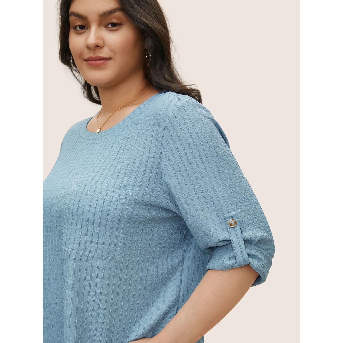 Plus Size Plain Textured Patched Pocket Tab Sleeve T-shirt Stone Women Casual Non Plain Round Neck Everyday T-shirts BloomChic 22-24/3X Product Image