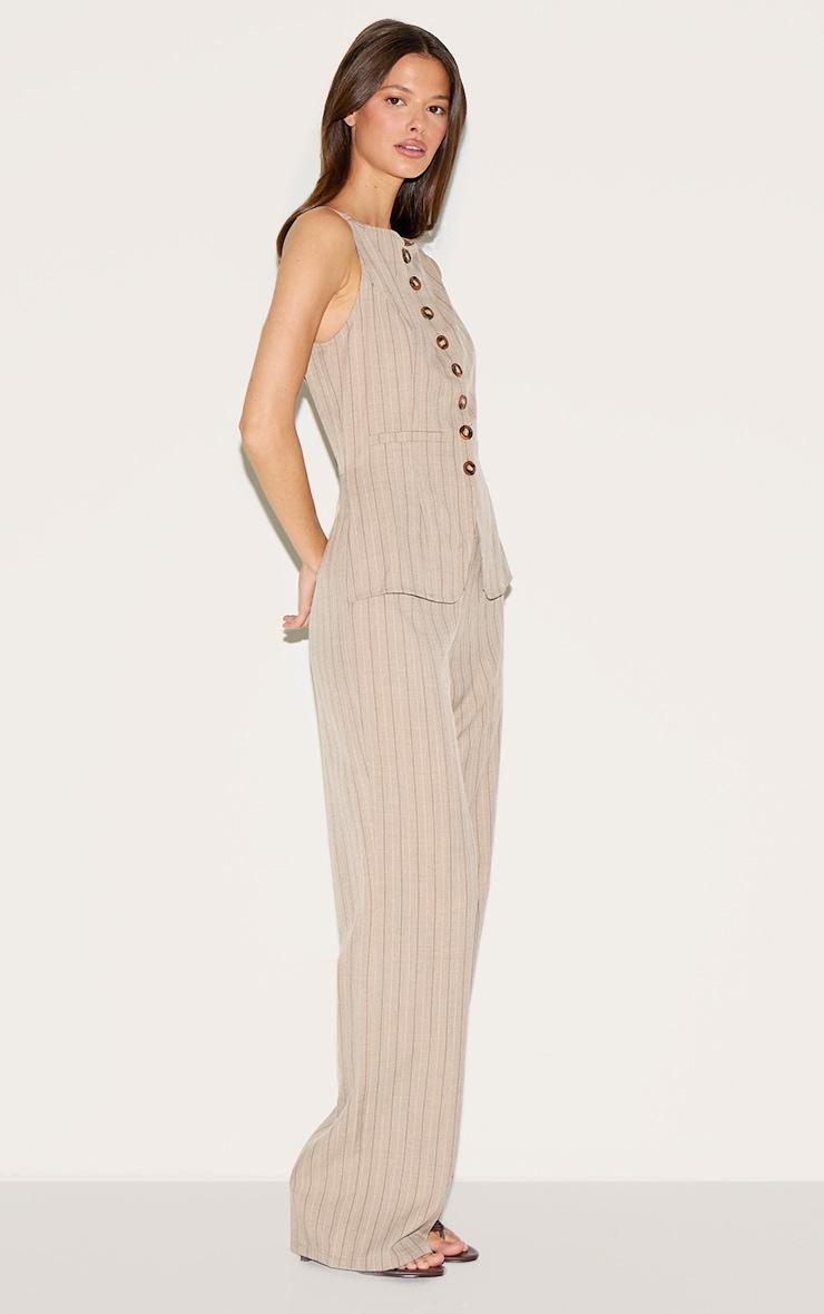 Brown Pinstripe Linen Button Down Peplum Hem Jumpsuit Product Image