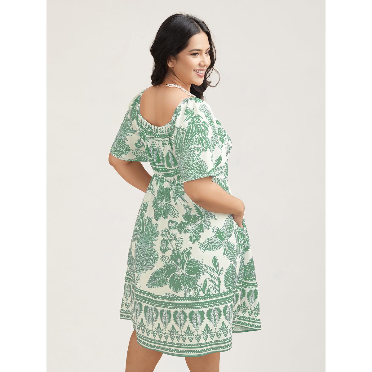Plus Size Boho Print Fit Flare Pockets Midi Dress Mint Women Resort Non Heart neckline Short sleeve Curvy BloomChic 28/5X Product Image