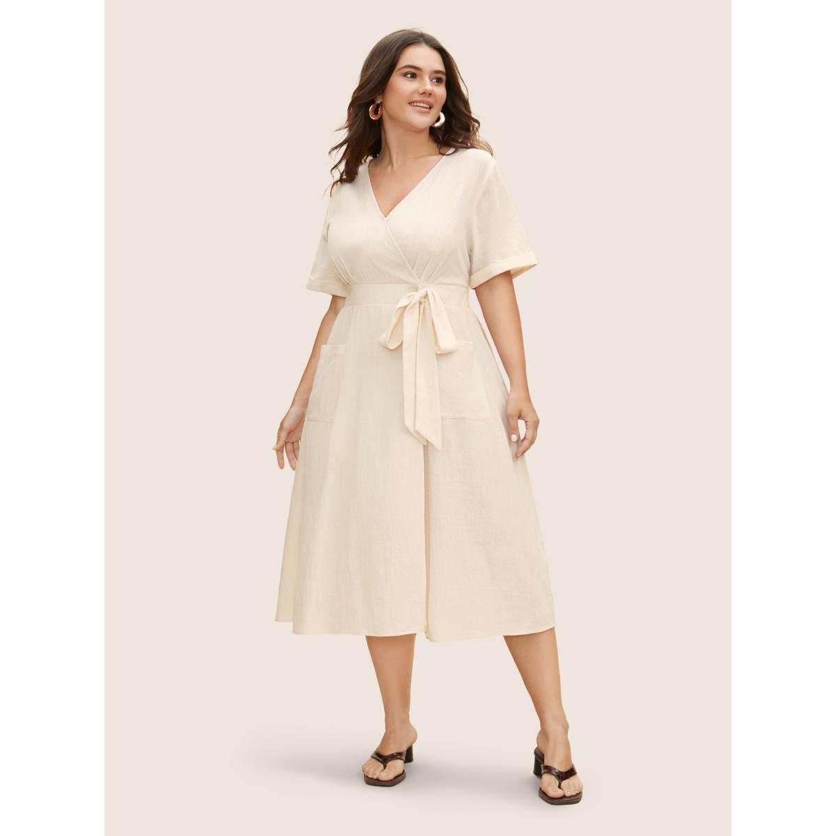 Plus Size Cotton Linen Cuffed Sleeve Tie Knot Midi Dress Champagne Women Casual Tie knot Overlap Collar Short sleeve Curvy BloomChic 28/5X Product Image