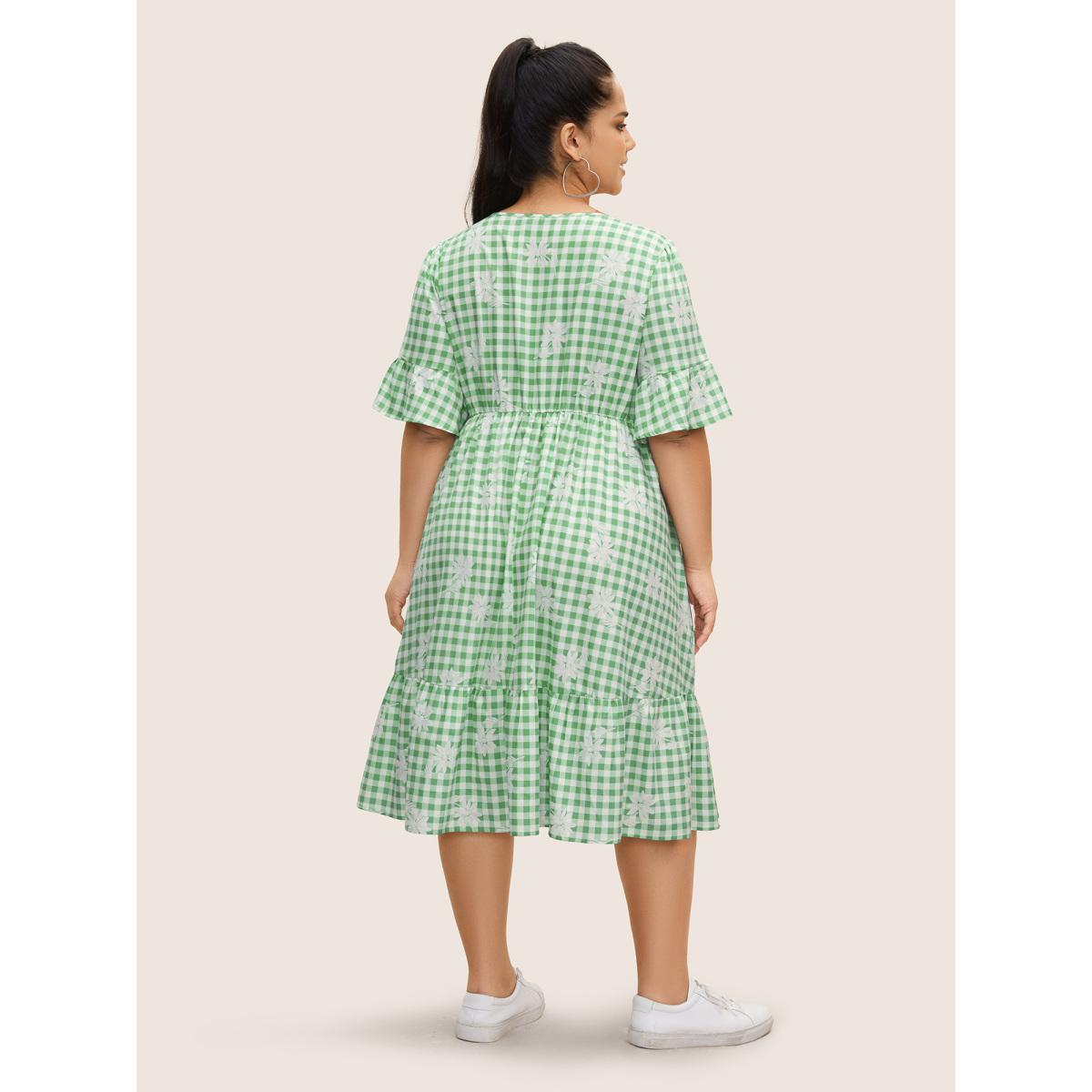 Plus Size Gingham Floral Ruffles Button Detail Dress Sage Women Casual Button V-neck Half Sleeve Curvy BloomChic 12/L Product Image