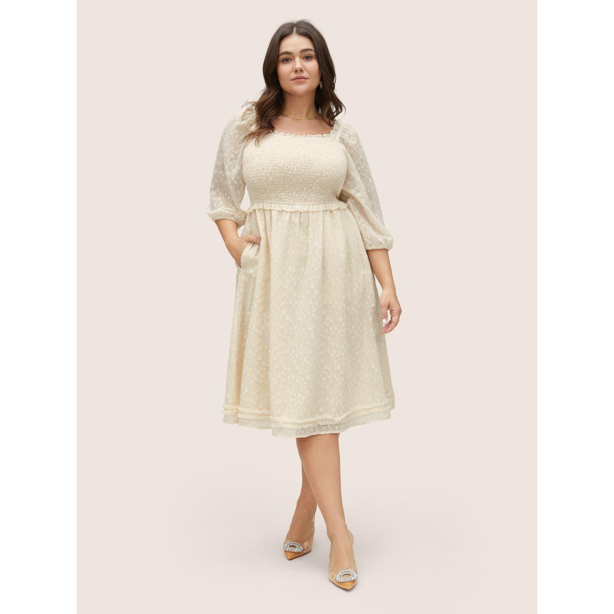 Plus Size Chiffon Shirred Mesh Frill Trim Pocket Dress Apricot Women Elegant Elastic cuffs Square Neck Long Sleeve Curvy Knee Dress BloomChic 10/M Product Image