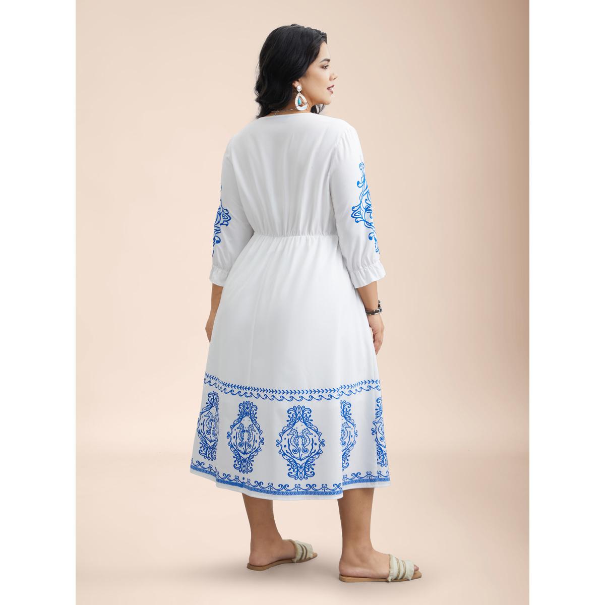 Plus Size Boho Print Waist-Defined Ruffle Midi Dress Stone Women Resort Non V-neck Elbow-length sleeve Curvy BloomChic 30/6X Product Image