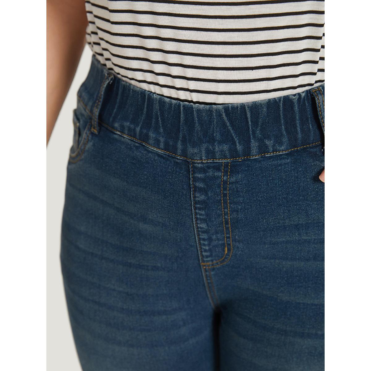 Plus Size Plain Elastic Waist Medium Wash Roll Hem Jeans Women Indigo Casual Plain Plain High stretch Pocket Jeans BloomChic 10/M Product Image