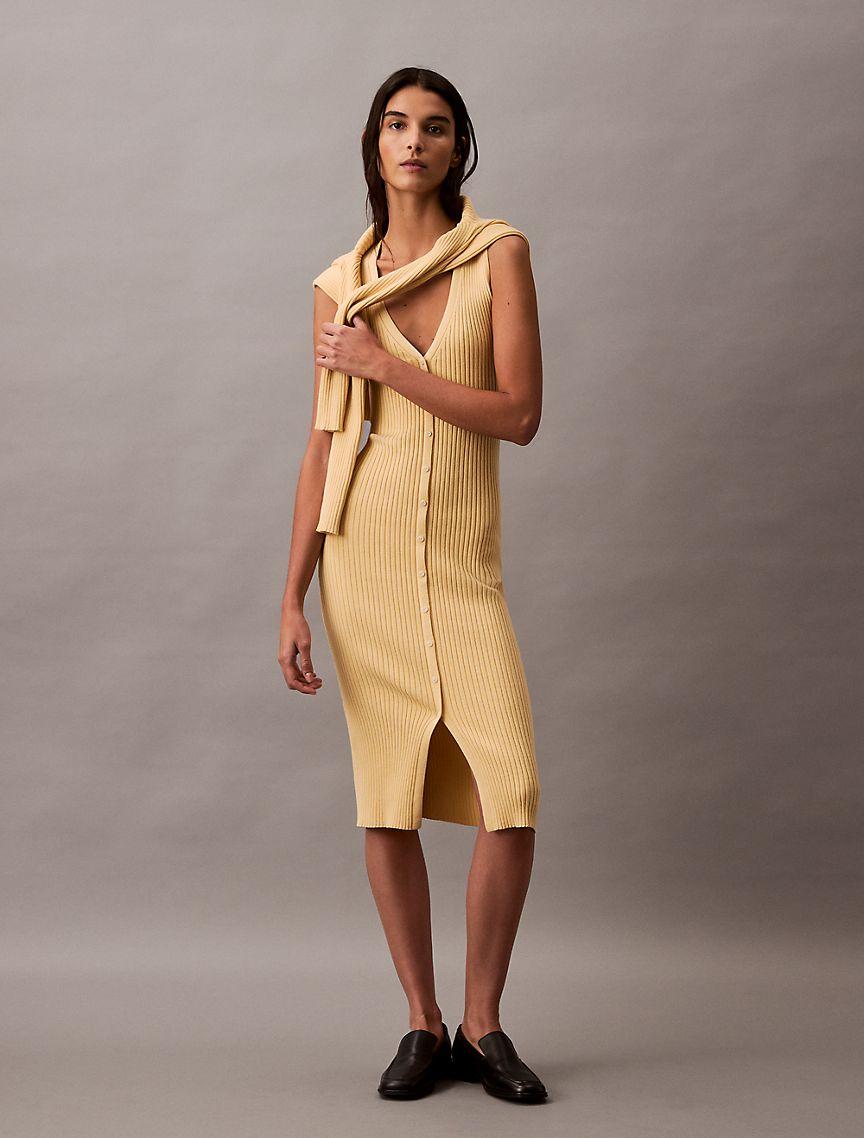 Smooth Cotton Rib Sweater Midi V-Neck Dress Product Image
