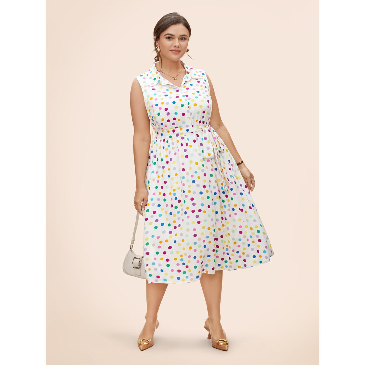 Plus Size Polka Dot Front Tie Midi Shirt Dress WhiteSmoke Women Casual Belted Shirt collar Sleeveless Curvy BloomChic 14-16/1X Product Image