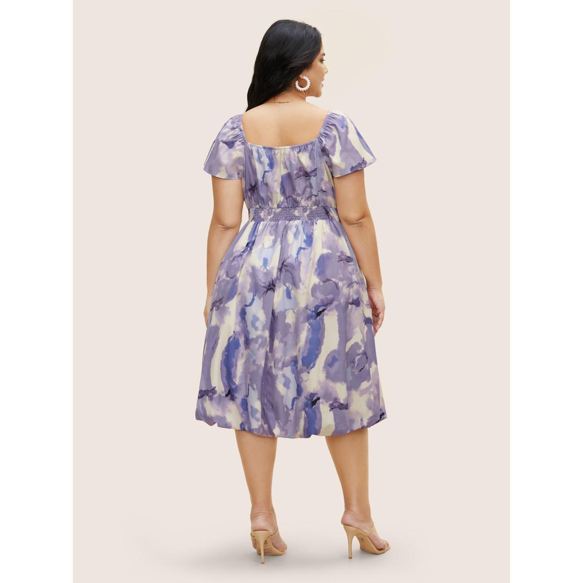 Plus Size Watercolor Floral Bubble Hem Pockets Dress DarkViolet Women Romantic Gathered Heart neckline Cap Sleeve Curvy BloomChic 14-16/1X Product Image