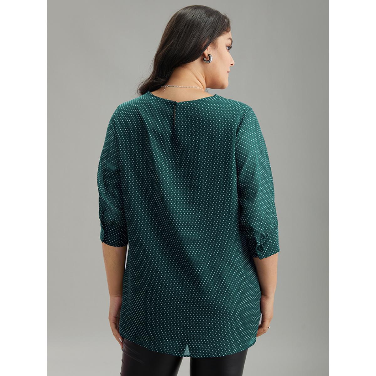 Plus Size DarkGreen Chiffon Polka Dot Mesh Keyhole Twist Front Blouse Women Office Elbow-length sleeve Round Neck Work Blouses BloomChic 14-16/1X Product Image