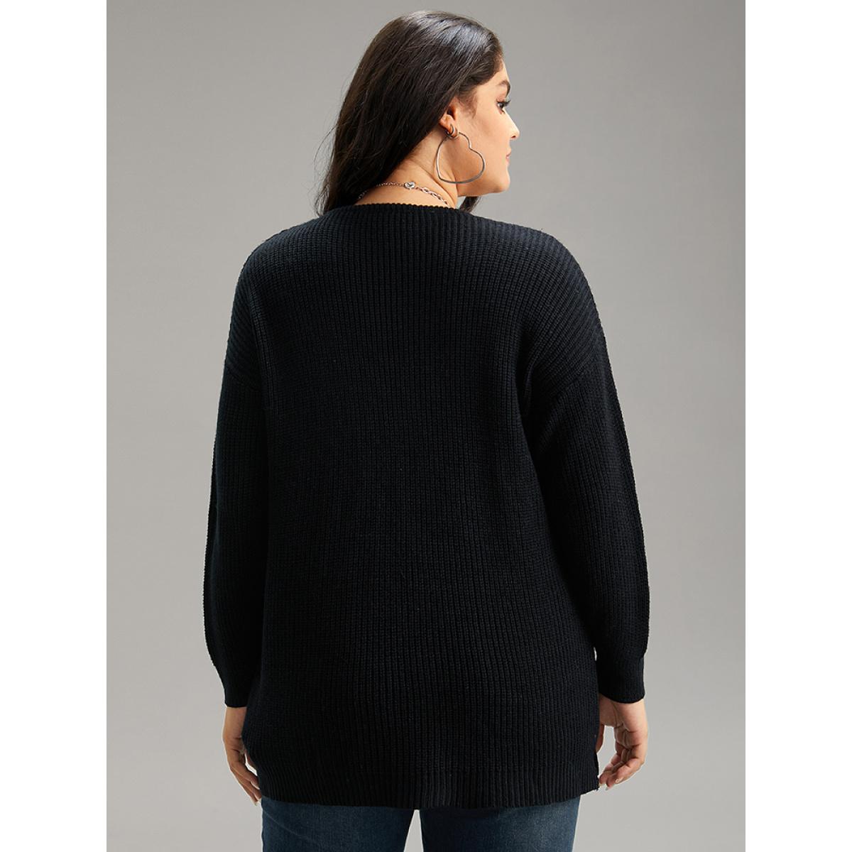 Plus Size Plain Floral Broderie Anglaise Contrast Pullover Black Women Casual Loose Long Sleeve V-neck Dailywear Pullovers BloomChic 12/L Product Image