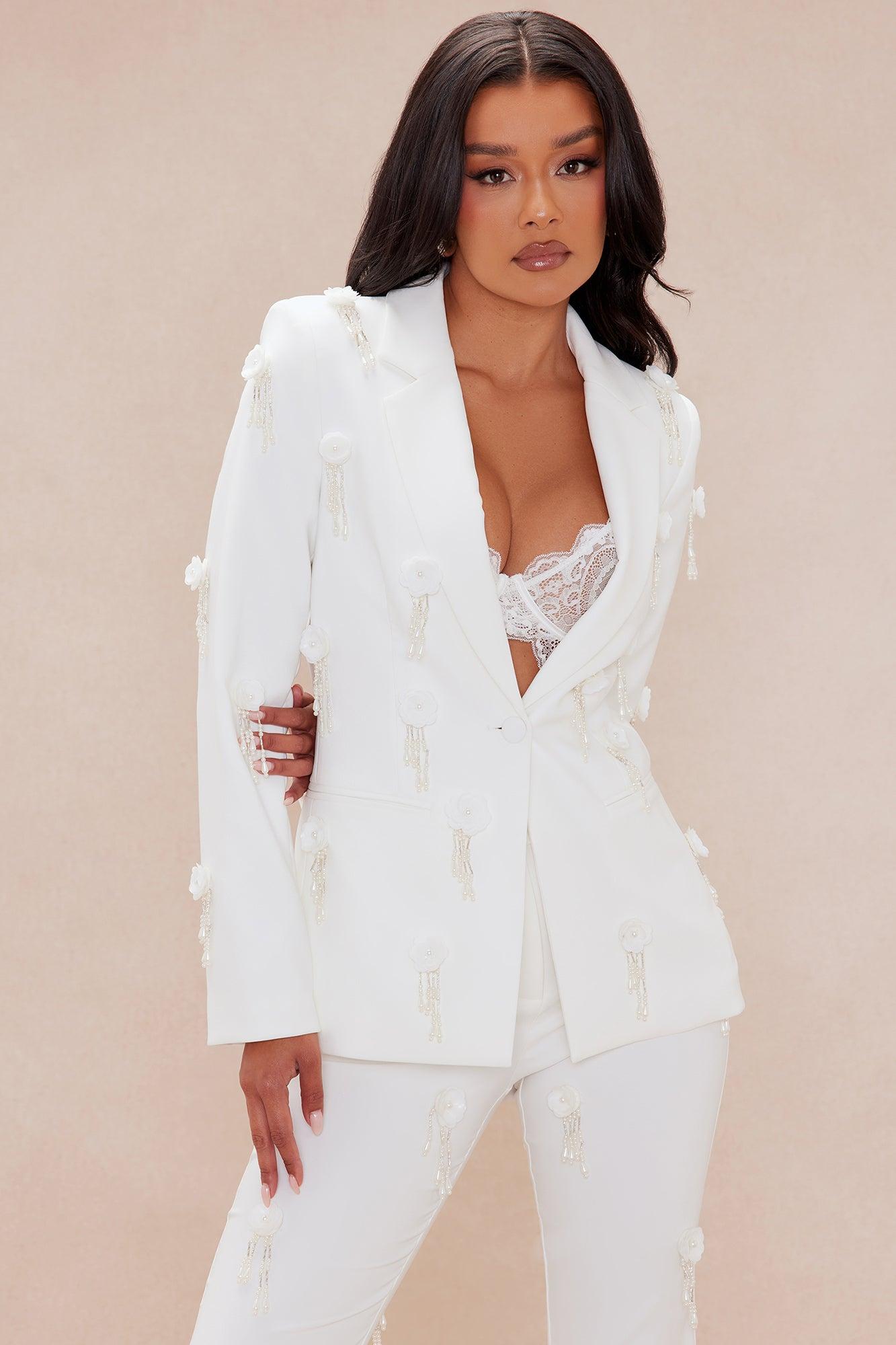 Mila Floral Embellished Blazer Suit Set- Ivory Product Image