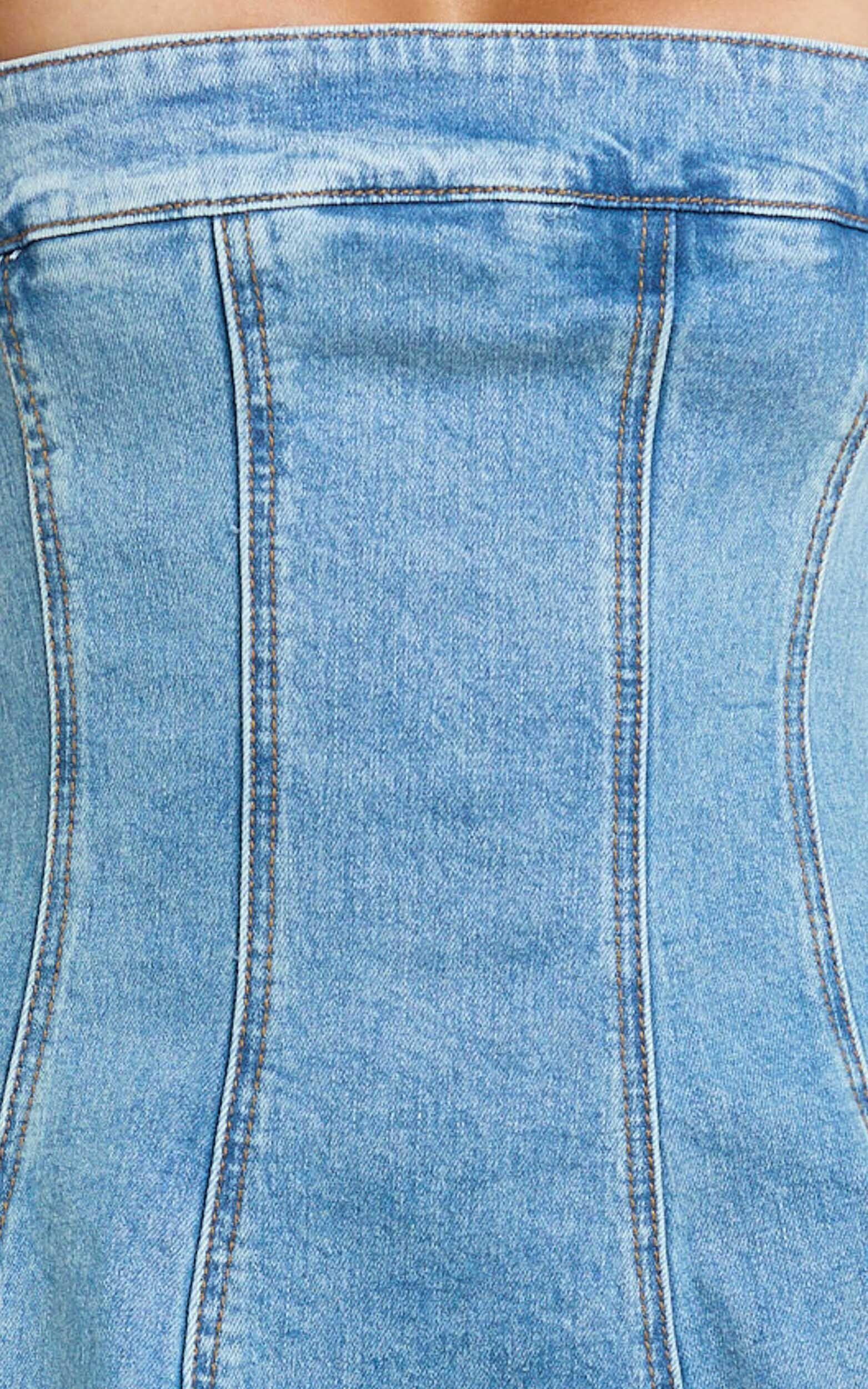 Sally Mini Dress - Straight Neck Fit and Flare Denim Dress in Mid Blue Wash Product Image