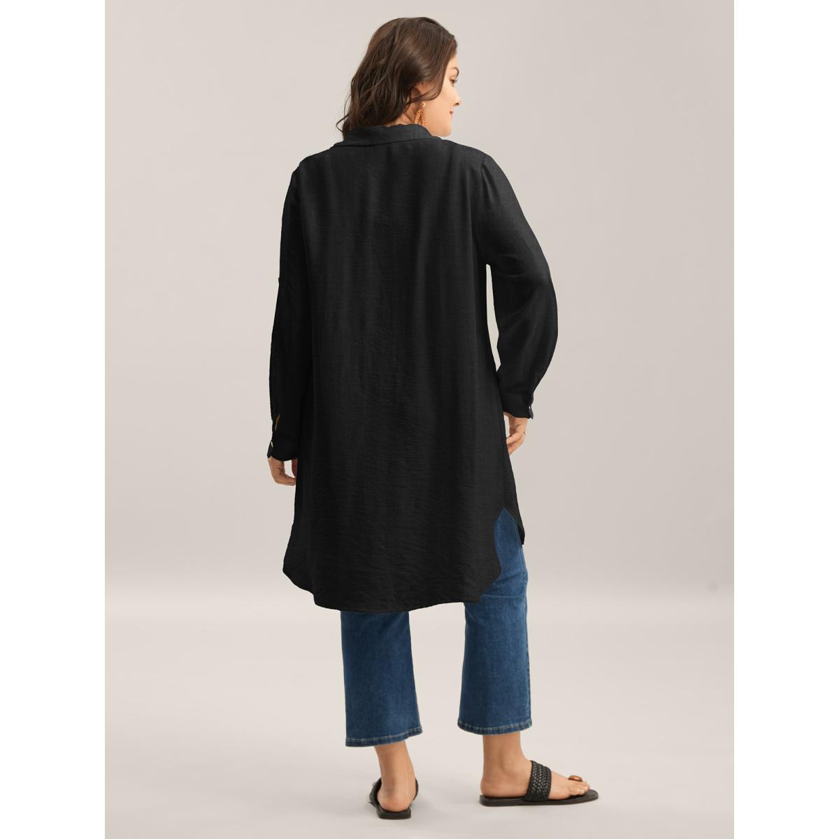 Plus Size Black Front-Open Long Basic Blouse Women Leisure Long Sleeve Shirt collar Vacation Blouses BloomChic 26/4X Product Image