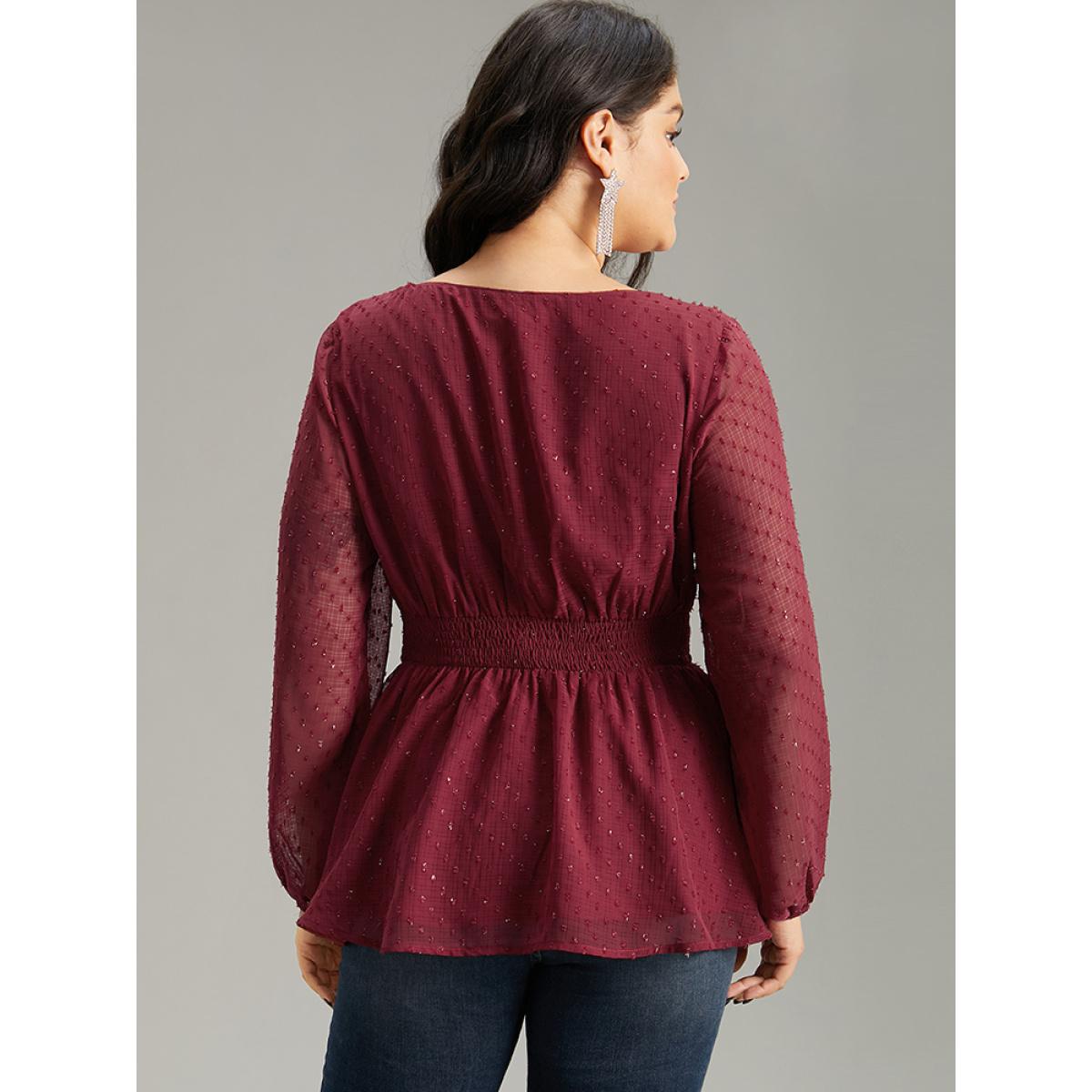 Plus Size Burgundy Plain Textured Shirred Lantern Sleeve Blouse Women Glamour Long Sleeve V-neck Office Blouses BloomChic 26/4X Product Image