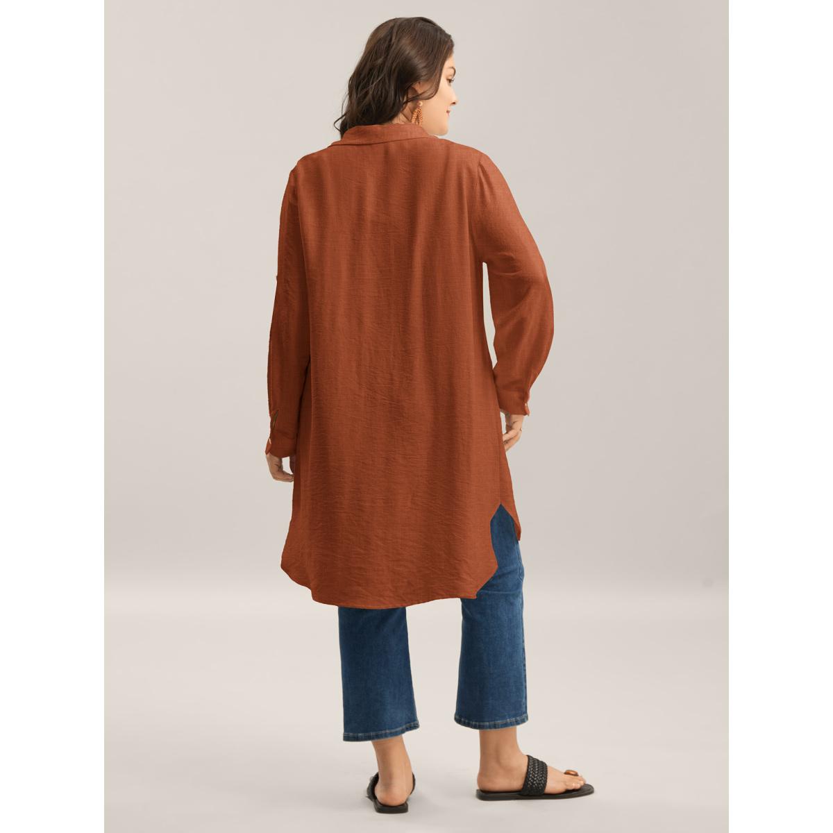 Plus Size Browncoffeecolor Front-Open Long Basic Blouse Women Leisure Long Sleeve Shirt collar Vacation Blouses BloomChic 14-16/1X Product Image