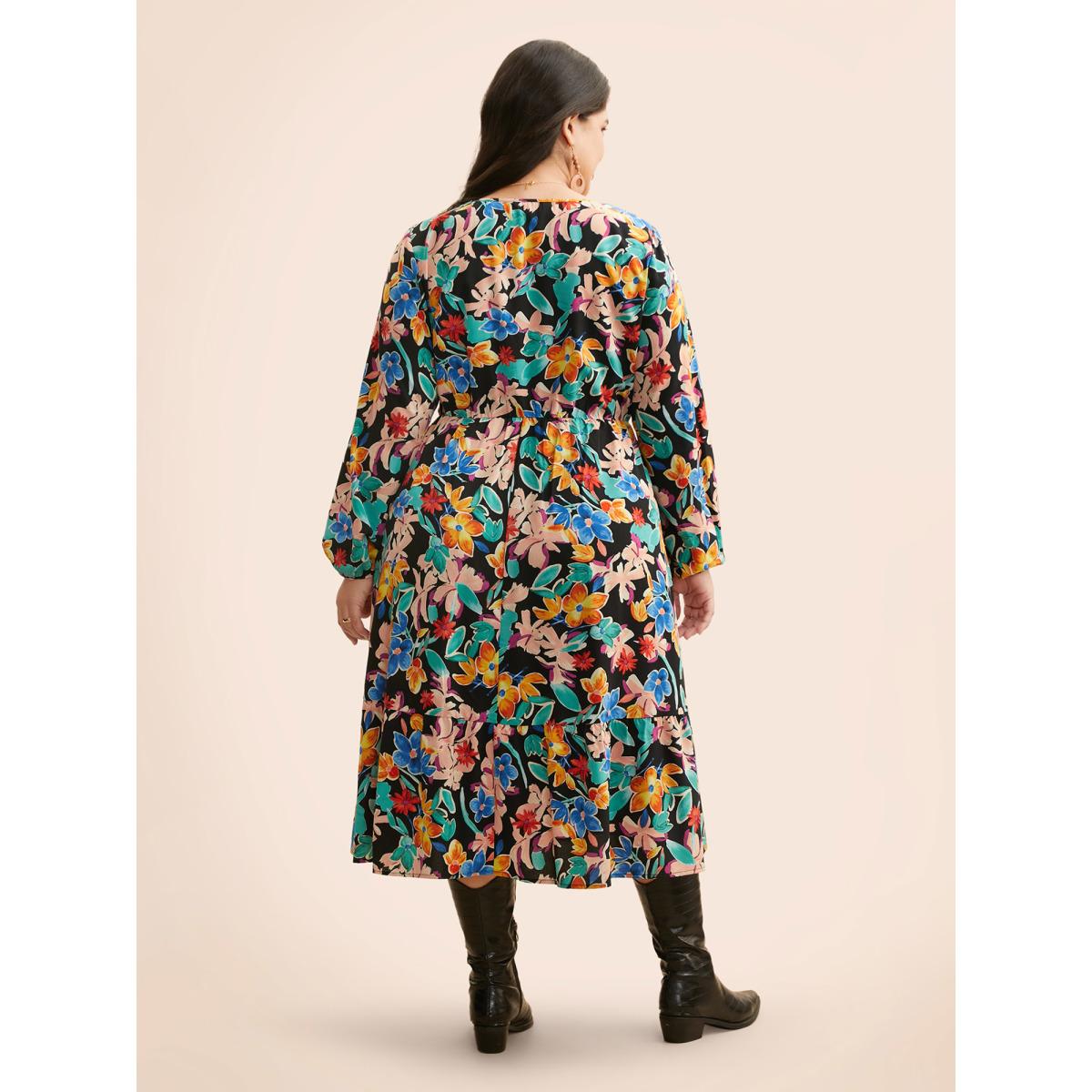 Plus Size Colored Floral Notched Elastic Waist Midi Dress Black Women Elegant Gathered Flat collar with V-notch Extra Long Sleeve Curvy BloomChic 22-24/3X Product Image