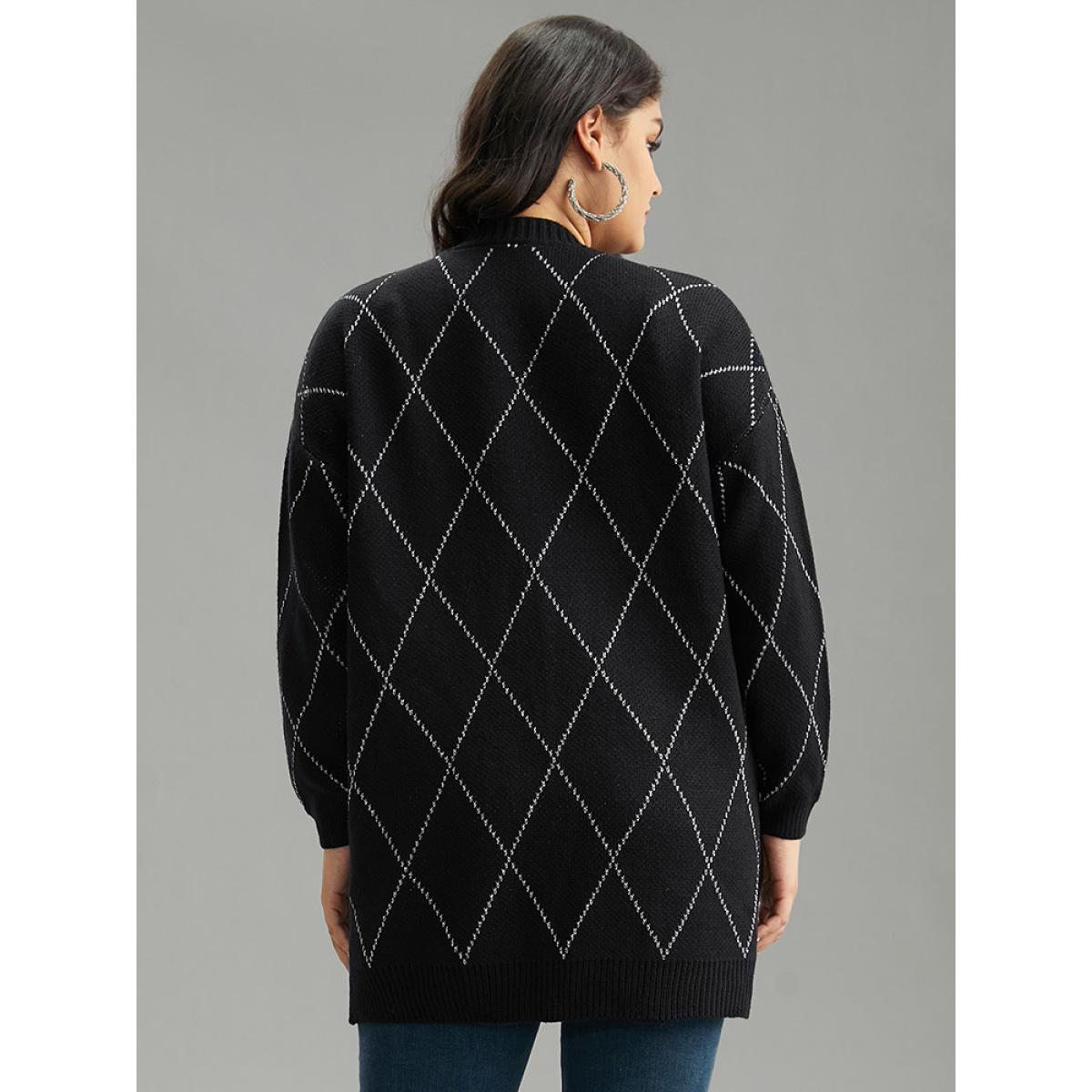 Plus Size Sparkly Plaid Open Front Cardigan Black Women Casual Loose Long Sleeve Dailywear Cardigans BloomChic 18-20/2X Product Image