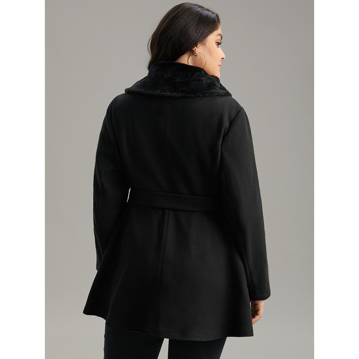 Plus Size Fuzzy Patchwork Knot Belted Button Up Pocket Coat Women Black Casual Plain Ladies Dailywear Winter Coats BloomChic 14-16/1X Product Image