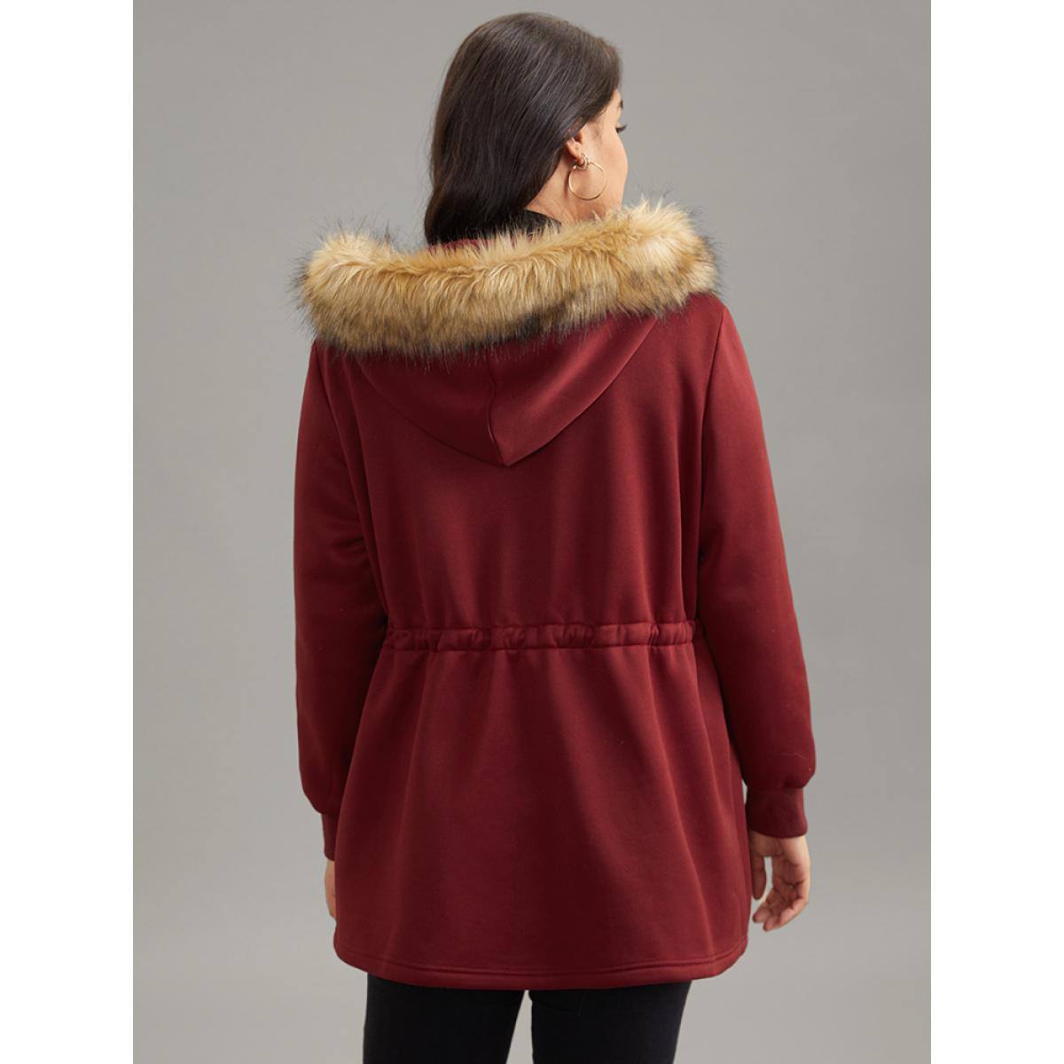 Plus Size Plian Drawstring Zipper Fuzzy Trim Hooded Coat Women Scarlet Casual Contrast Ladies Dailywear Winter Coats BloomChic 30/6X Product Image