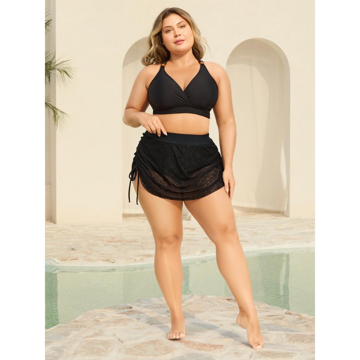 Plus Size Lace Adjustable Coverage Drawstring Swim Bottoms Women's Swimwear Black Resort See through High stretch Skinny Mid Rise Curve Swim Bottoms BloomChic 28/5X Product Image