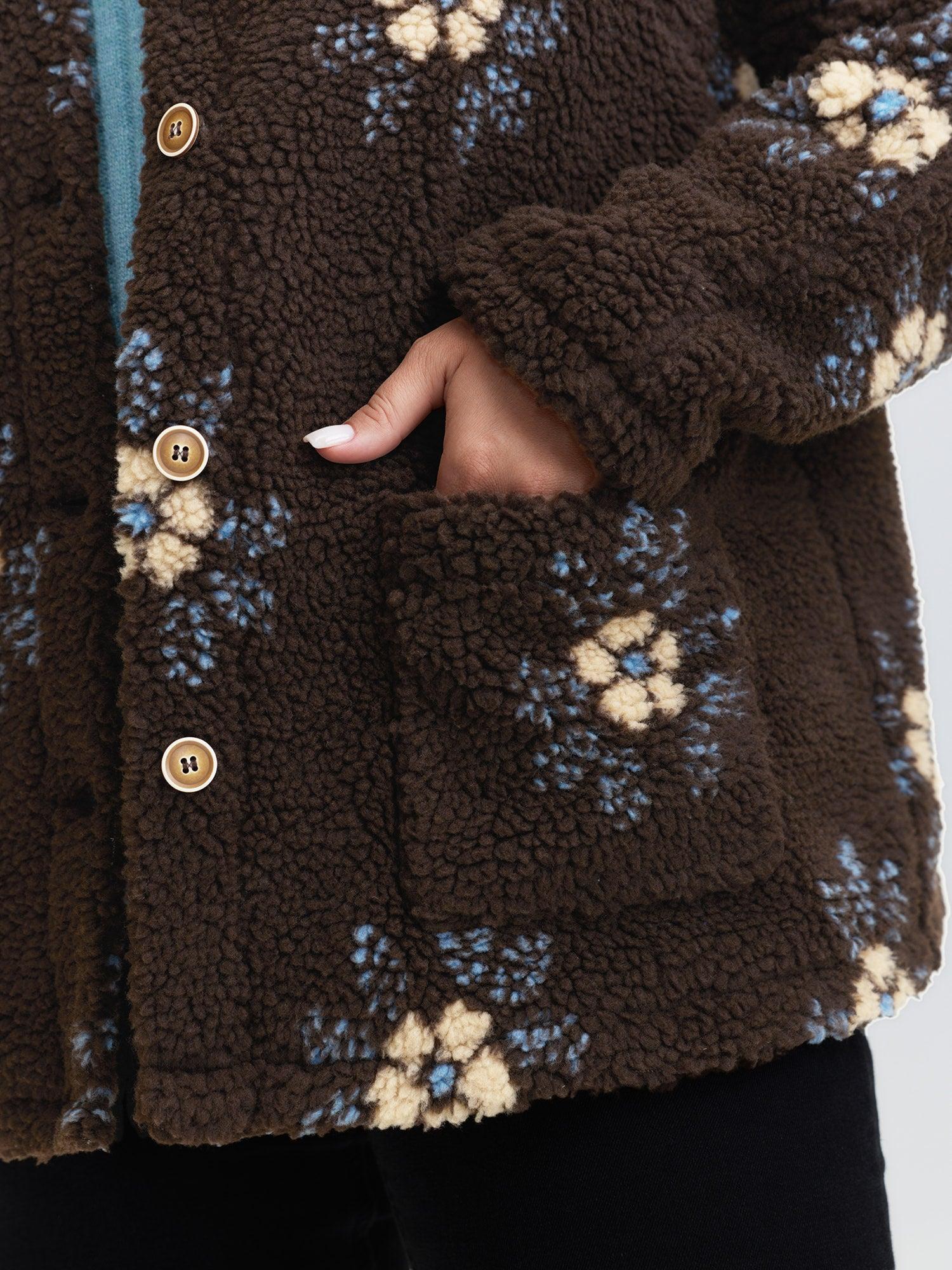Fluffy Floral Pattern Pocket Coat Female Product Image