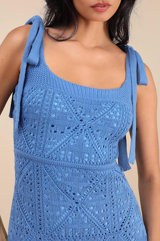 Adorable Darling Blue Crochet Tie-Strap Midi Dress Product Image