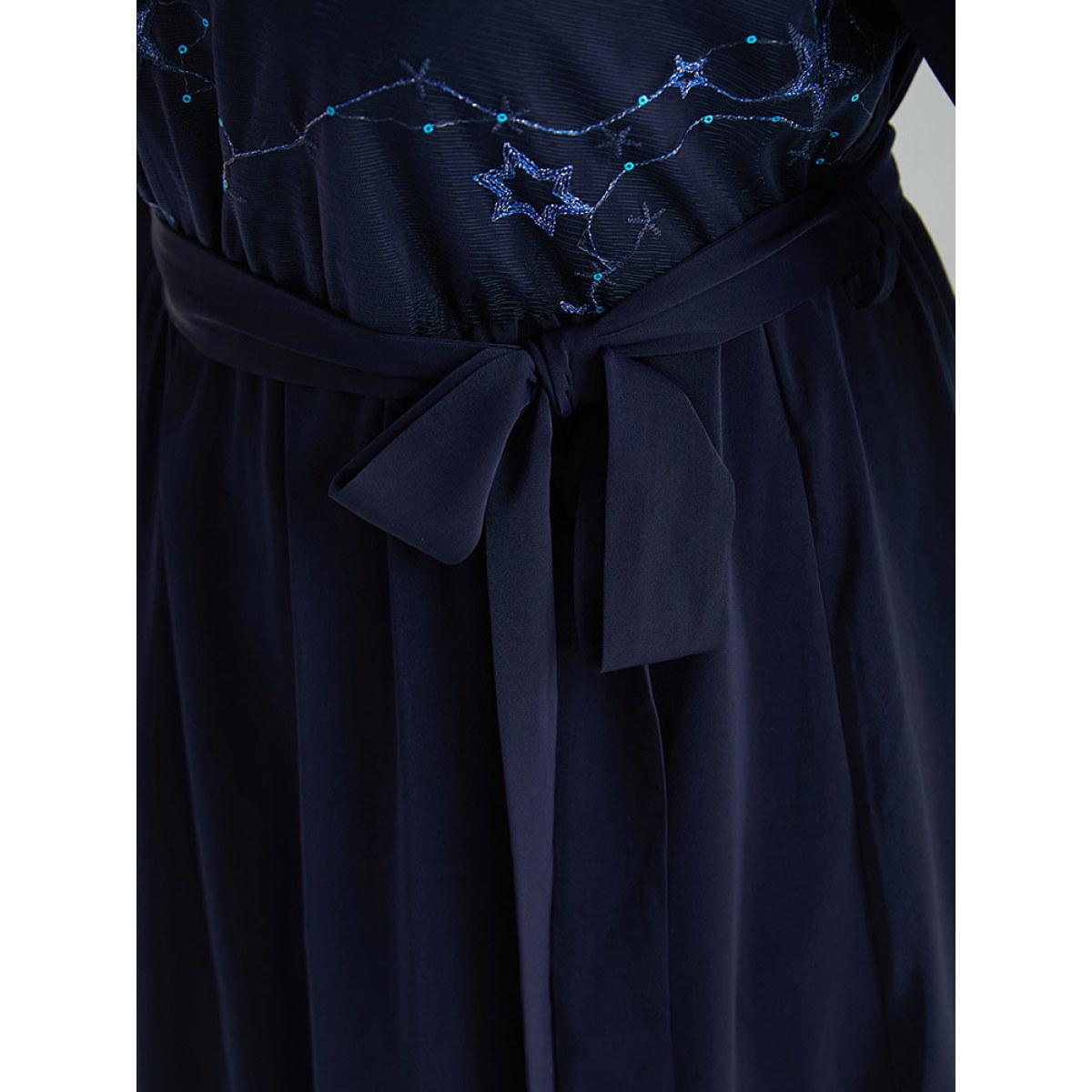 Plus Size Star Sequin Mesh Layered Sleeve Dress DarkBlue Women Party Belted Round Neck Long Sleeve Curvy Midi Dress BloomChic 10/M Product Image