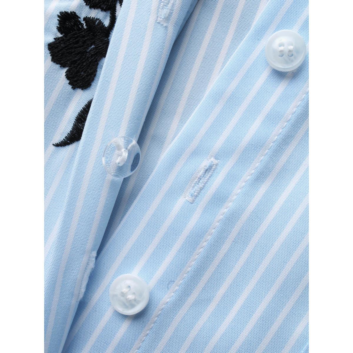 Plus Size LightBlue Floral Embroidered Striped Patched Pocket Blouse Women Elegant Elbow-length sleeve Shirt collar Everyday Blouses BloomChic 28/5X Product Image
