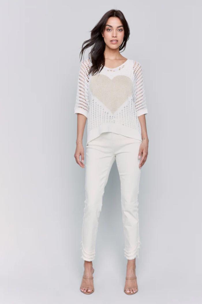 Fishnet V-Neck Sweater with Gold Heart Product Image