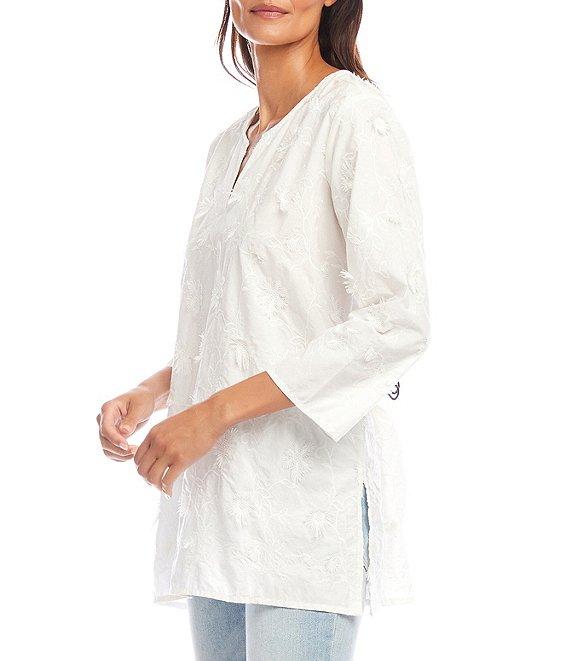 Karen Kane Embroidered Cotton Split V-Neck 3/4 Sleeve Tunic Product Image