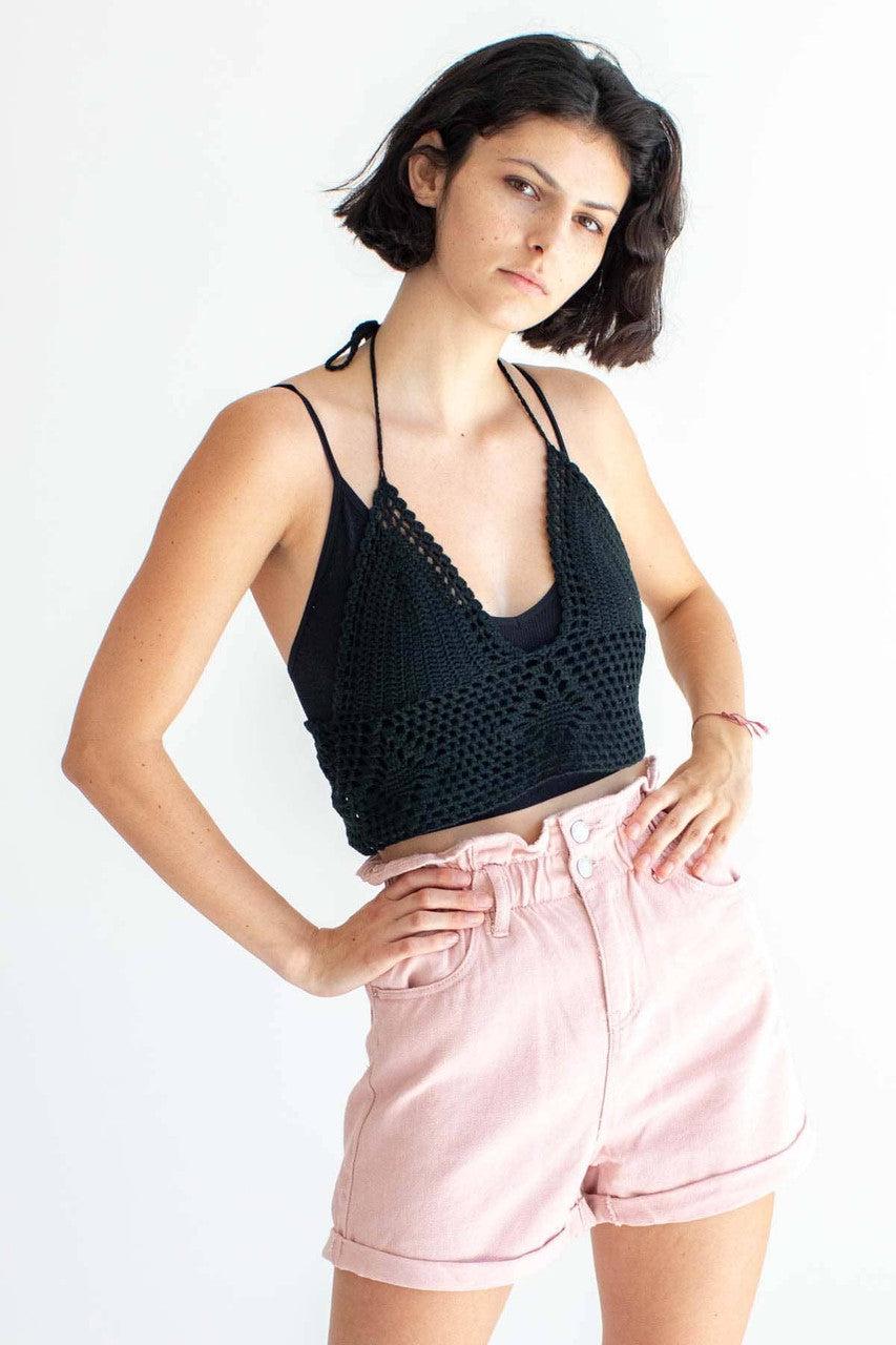 Black Crochet Tie Halter Top Product Image