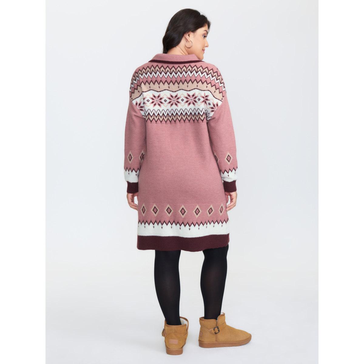 Plus Size Boho Pattern Jacquard Contrast Sweater Dress Beanpastepowder Women Leisure Loose Long Sleeve Casual Sweater Dresses BloomChic 10/M Product Image