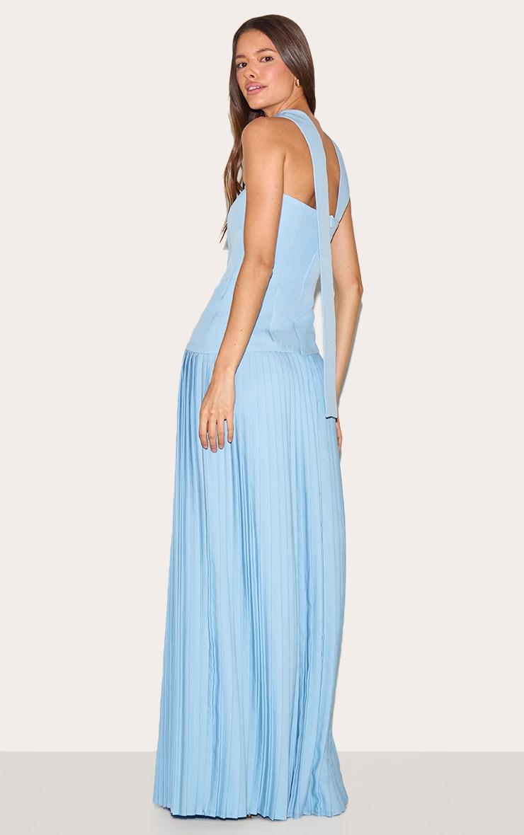 Pale Blue Woven Asymmetric Pleated Maxi Dress Product Image