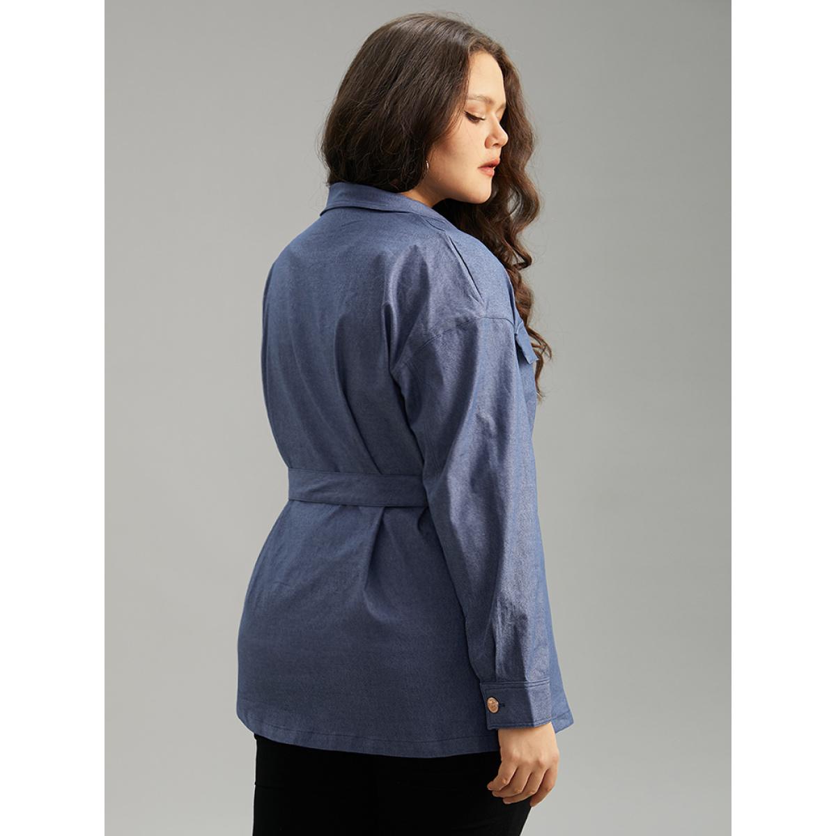 Plus Size Plain Ties Pocket Button Through Shacket Women Indigo Casual Plain Ladies Dailywear Winter Coats BloomChic 28/5X Product Image