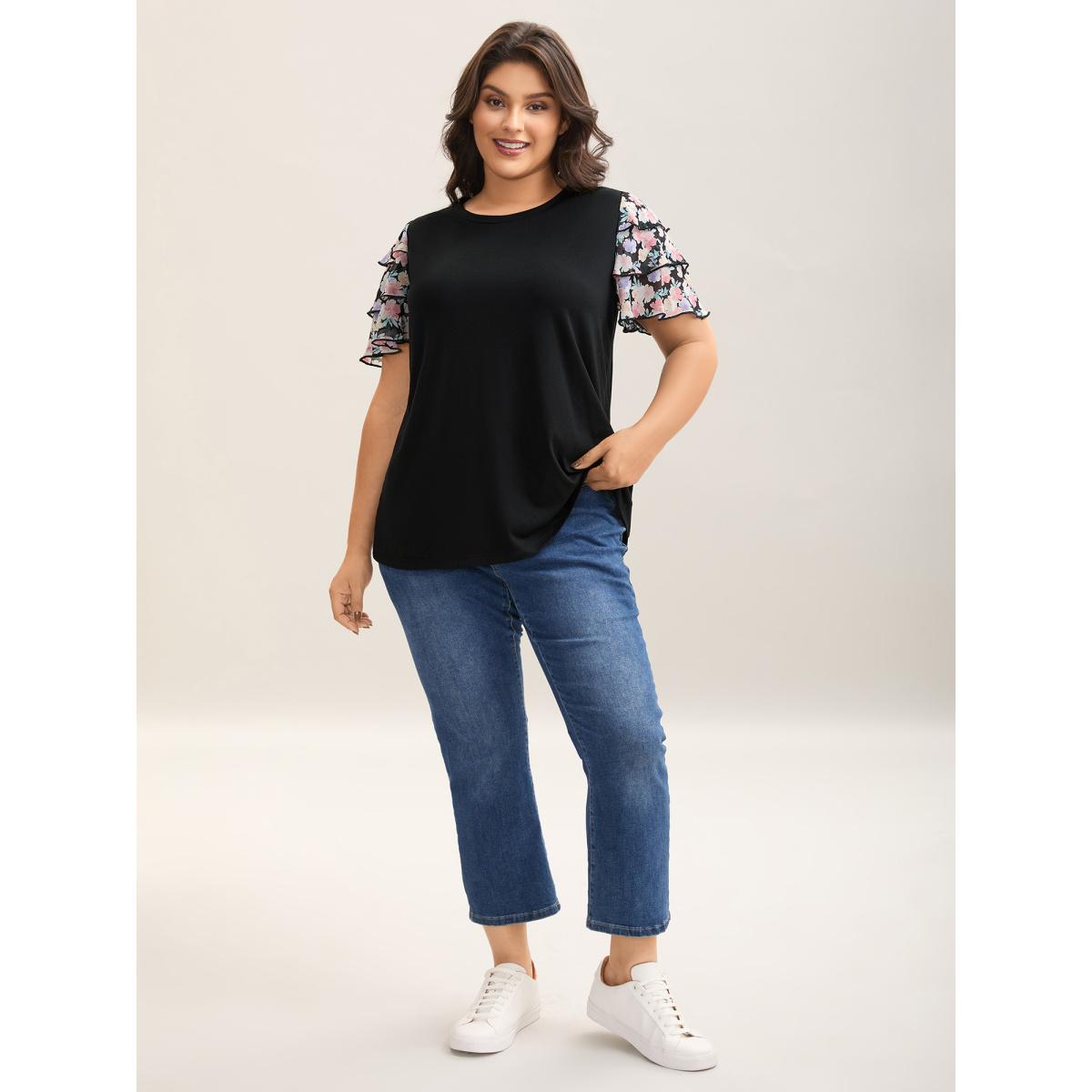 Plus Size Floral Layered Sleeve Spliced Plain T-Shirt Black Women Contrast Round Neck Everyday-Casual T-shirts BloomChic 18-20/2X Product Image