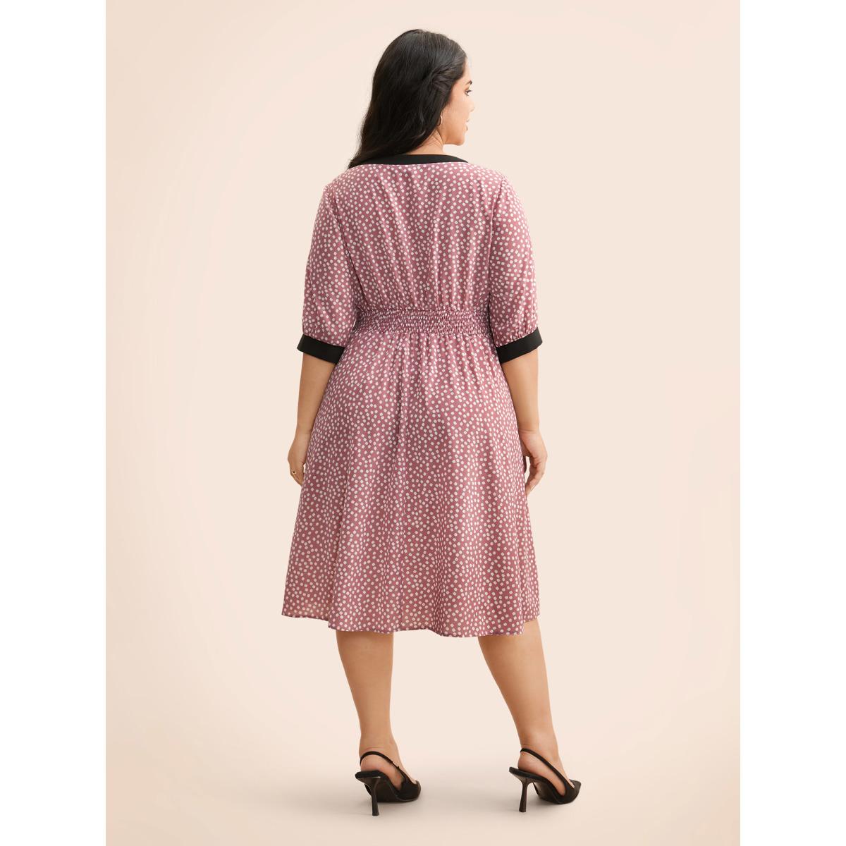 Plus Size Ditsy Floral Contrast Trim Button Detail Dress DustyPink Women Elegant Gathered Boat Neck Half Sleeve Curvy BloomChic 28/5X Product Image