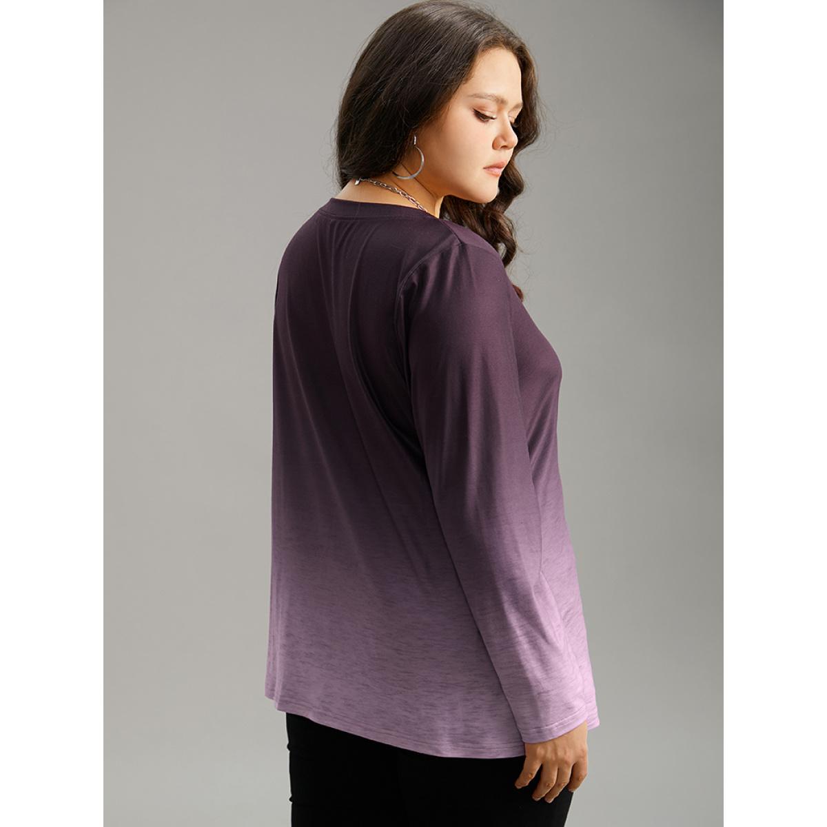 Plus Size Ombre V Neck Slightly Stretchy T-shirt Purple Women Casual Plain Ombre V-neck Everyday T-shirts BloomChic 10/M Product Image
