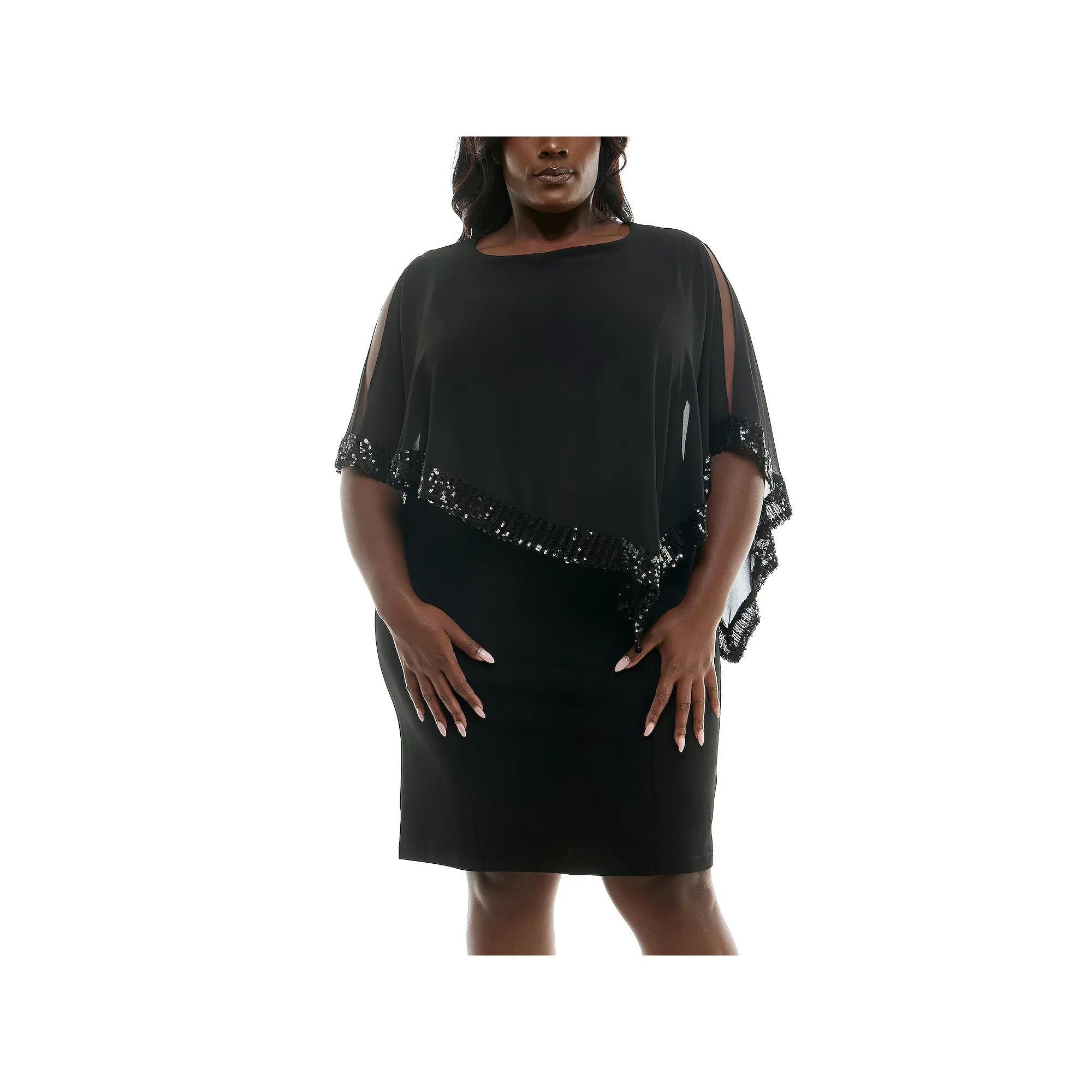 Plus Size Nina Leonard Popover Chiffon Shift Dress, Women's, Size: 1XL, Black Product Image