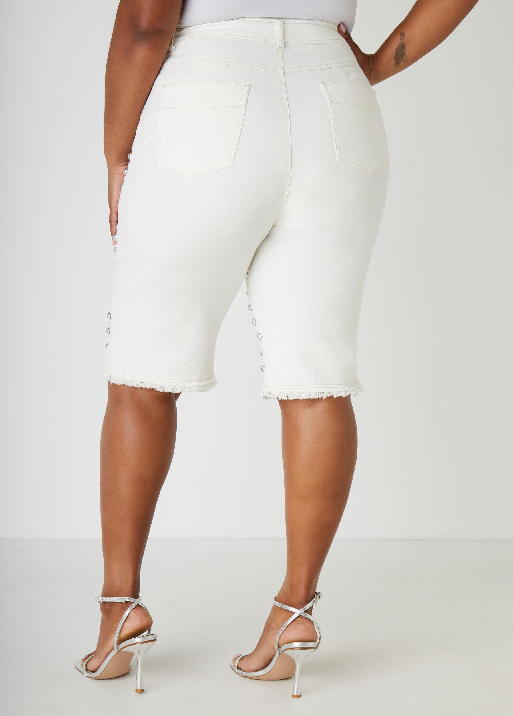 Plus Size Studded Frayed Denim Bermuda Shorts Ashley Stewart Product Image