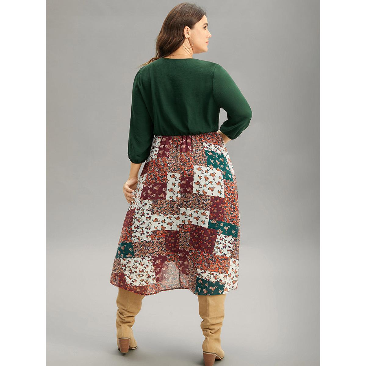 Plus Size Ditsy Floral Colorblock Patchwork Lantern Sleeve Dress DarkGreen Women Elegant Printed V-neck Long Sleeve Curvy Midi Dress BloomChic 12/L Product Image