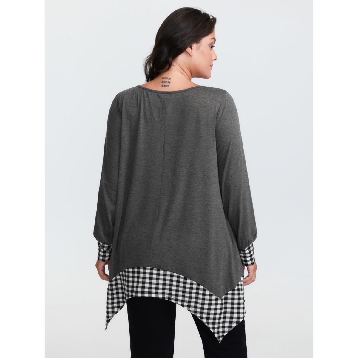 Plus Size Supersoft Stretchy Checkered Asymmetrical Hem T-Shirt DimGray Women Leisure Contrast Boat Neck Loose Casual T-shirts BloomChic 28/5X Product Image