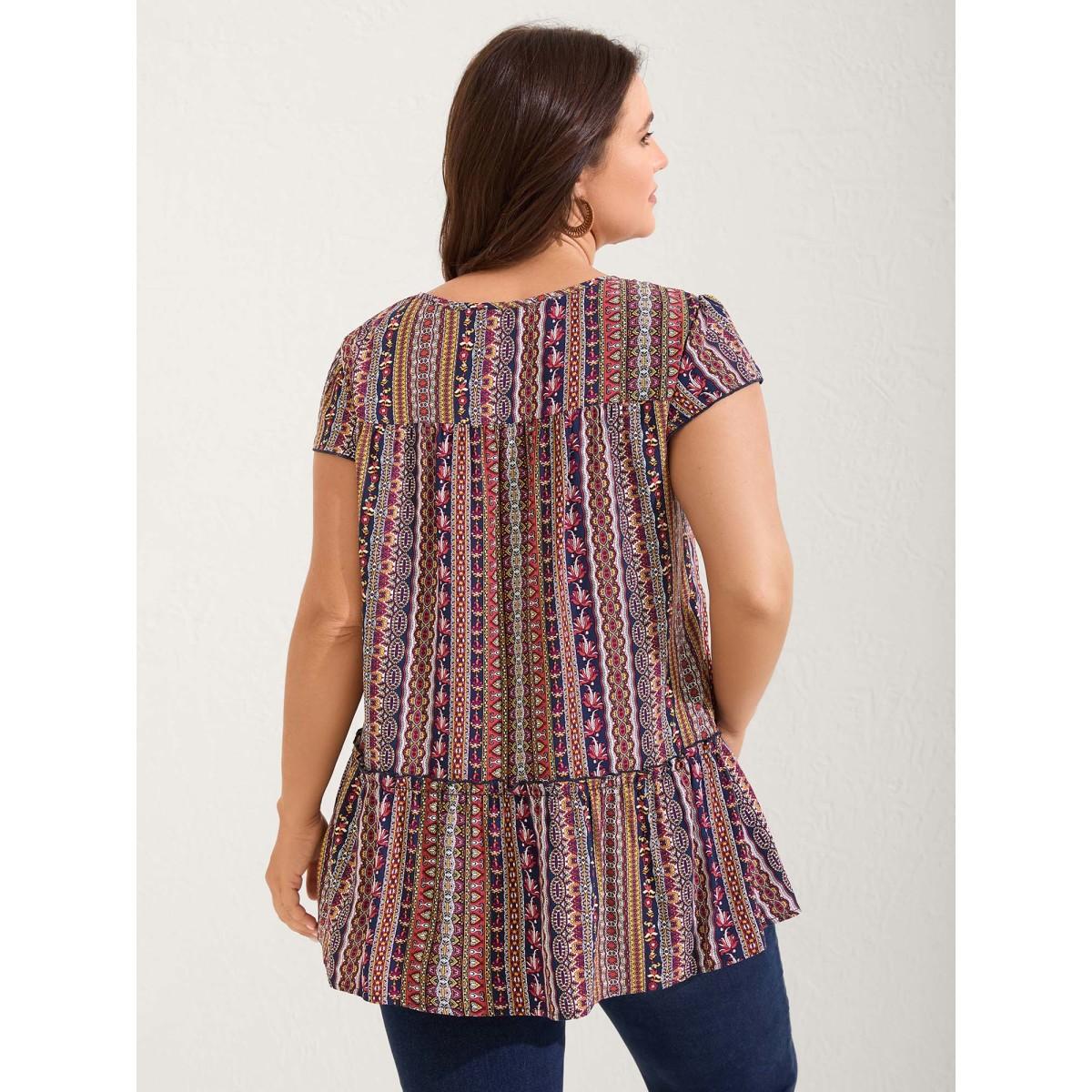 Plus Size Midnight Boho Stripes Tiered Ruffle Blouse Women Cap Sleeve Round Neck Vacation Blouses BloomChic 12/L Product Image